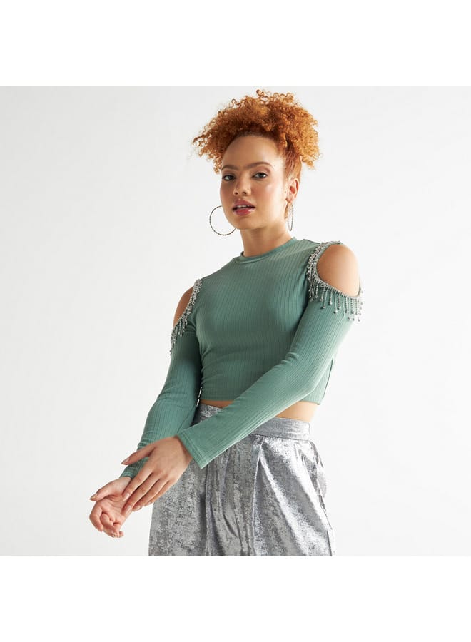 Splash FAV Embellished Crop T-shirt with Cold Shoulder Detail  - Image 1