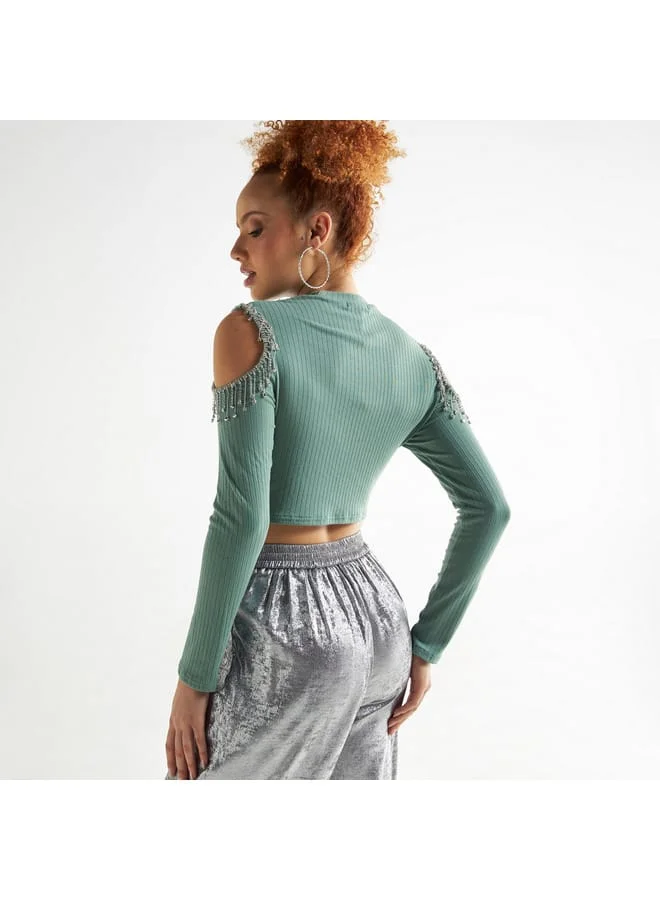 Splash FAV Embellished Crop T-shirt with Cold Shoulder Detail