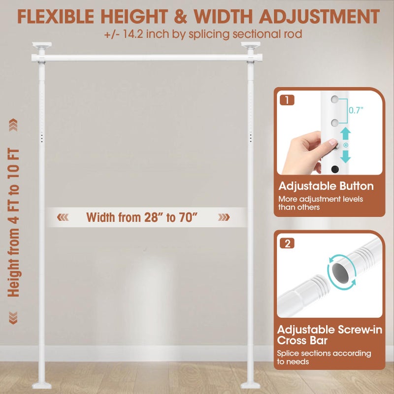 SUNALLY Room Divider Curtain Rod, No Drilling Room Separator for Space Partition Adjustable 4-10ft(H) 28-70inch(W) Heavy Duty Temporary Wall Divider Floor to Ceiling Tension Rod, White - Image 2
