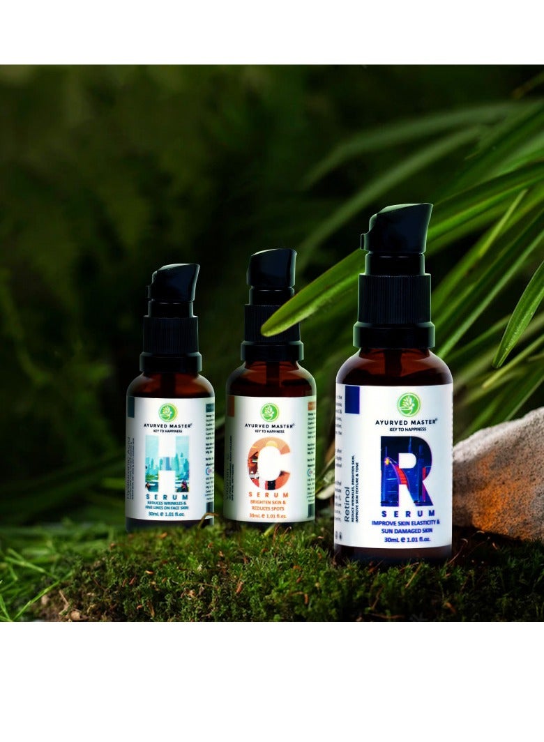 AYURVED MASTER Trio Face Serum | Natural Anti-Aging Set with Vitamin C | Retinol | Hyaluronic Acid | Effective Anti-Wrinkle & Dark Circle Remover | Moisturizing & All-Natural Skincare Solution | Pack of 3 | 30ML  - Image 1