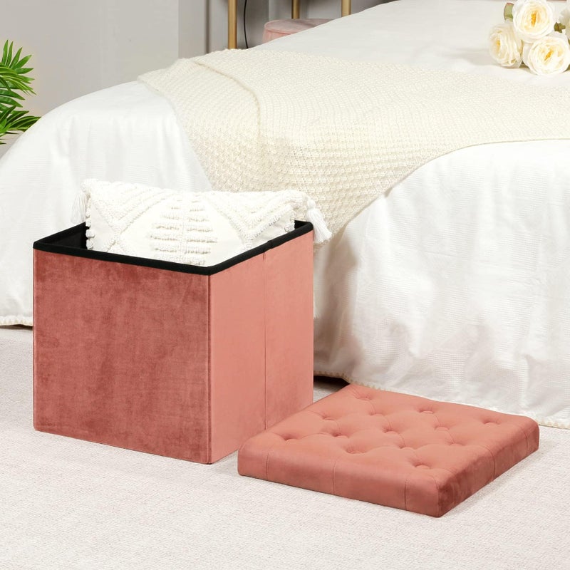 B FSOBEIIALEO Storage Ottoman Cube, Velvet Tufted Folding Ottomans with Lid, Footstool Rest Padded Seat for Bedroom (Warm Red, Medium) - Image 2