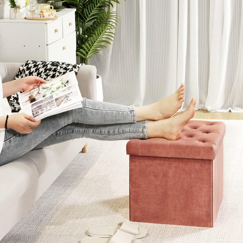 B FSOBEIIALEO Storage Ottoman Cube, Velvet Tufted Folding Ottomans with Lid, Footstool Rest Padded Seat for Bedroom (Warm Red, Medium) - Image 3