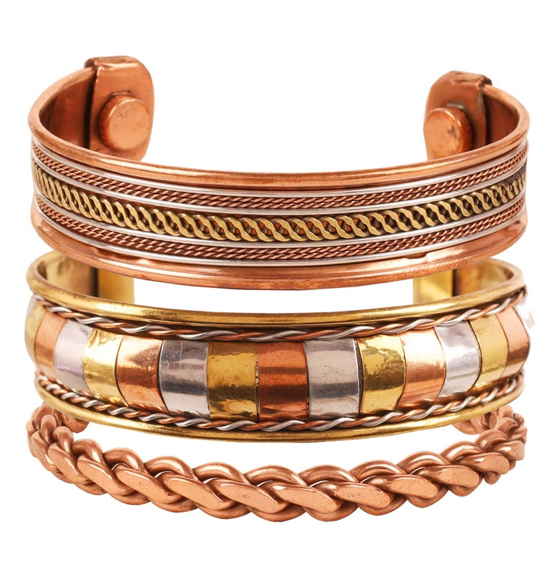 Touchstone copper bracelets gift for men women adjustable 100 pure solid real magnetic jewelry handmade bracelet set combo rope braided tibetan bangles Set of 3 different designs