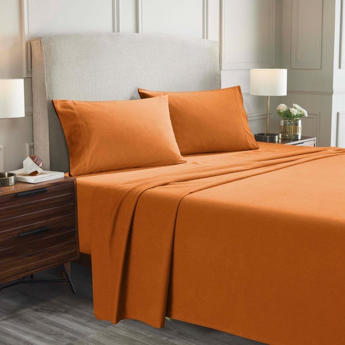 FLANNEL COTTON BED SHEET SET INCLUDES FLAT SHEET FITTED SHEET TWO PILLOWCASES TWIN SIZES INCLUDE ONE PILLOWCASE BREATHABLE MODERN SOLID CLASSIC SPLIT KING PUMPKIN