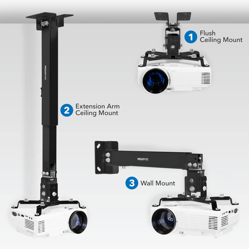 Mount-It! Projector Ceiling Mount and Wall Mount with Adjustable Arm, Universal Projector Mount for LCD/DLP Projectors, Flush Mount Option, Built-in Cable Management, 40lb Capacity, Black - Image 2