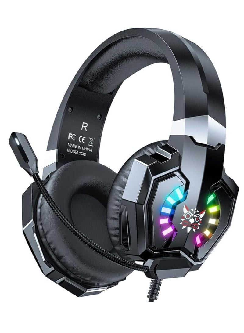 أونيكوما سماعات رأس للألعاب X32 RGB، سماعة رأس فوق الأذن مع ميكروفون، تقليل الضوضاء، التحكم في مستوى الصوت، إضاءة LED، تصميم متين ومريح، متوافقة مع أجهزة الكمبيوتر الشخصية والكمبيوتر المحمول وبلاي ستيشن 4 وبلاي ستيشن 5 وإكس بوكس - Image 1