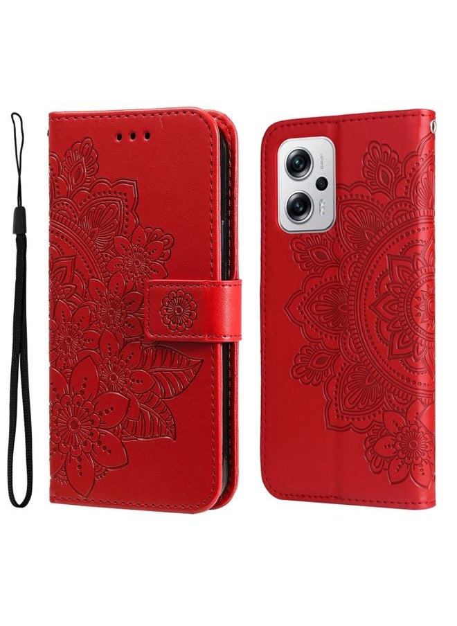 HuHa - Case Cover For Xiaomi Redmi Note 11T Pro/Poco X4 GT 7-petal Flowers Embossing Leather Case Red - Image 1