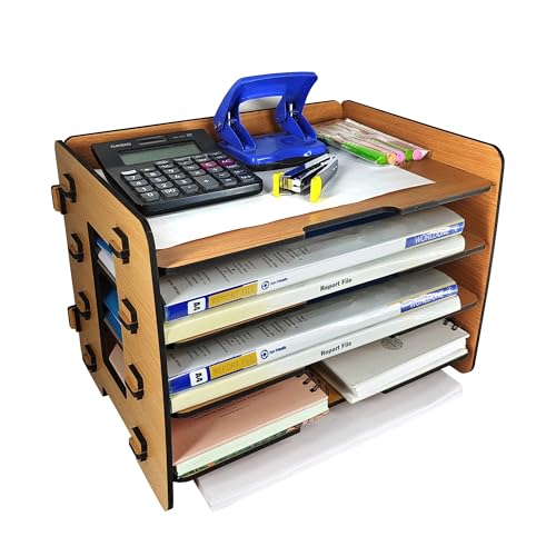 Woodkey Office File Tray – A4 Desk Tidy Organiser | 4-Tier Document, Paper & Letter Tray | Multipurpose Desk Storage Rack for Home & Office (Bavarian Beech) - Image 1