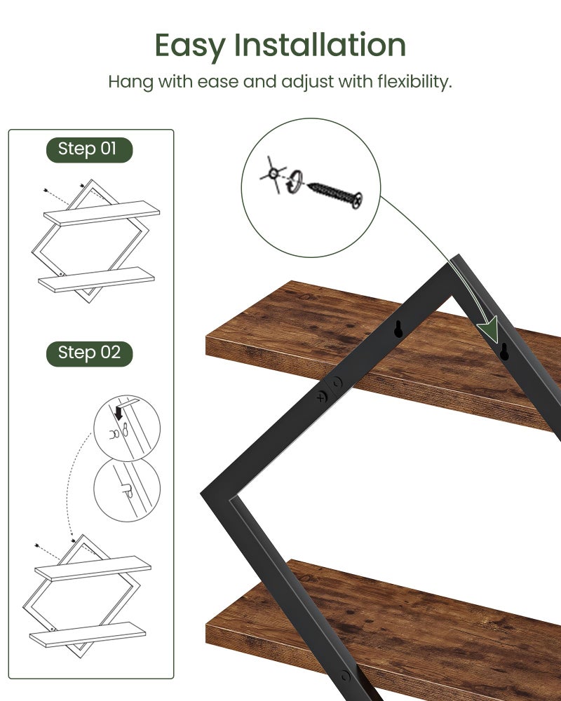 CHOEZON Floating Shelves, Set of 2 Wall Shelves, 2-Tier Hanging Shelves, Wall Shelf Set of 2, Wall Mounted Shelves, for Living Room, Bedroom, Kitchen, Office, Study, Rustic Brown TBJ01P2BF - Image 4
