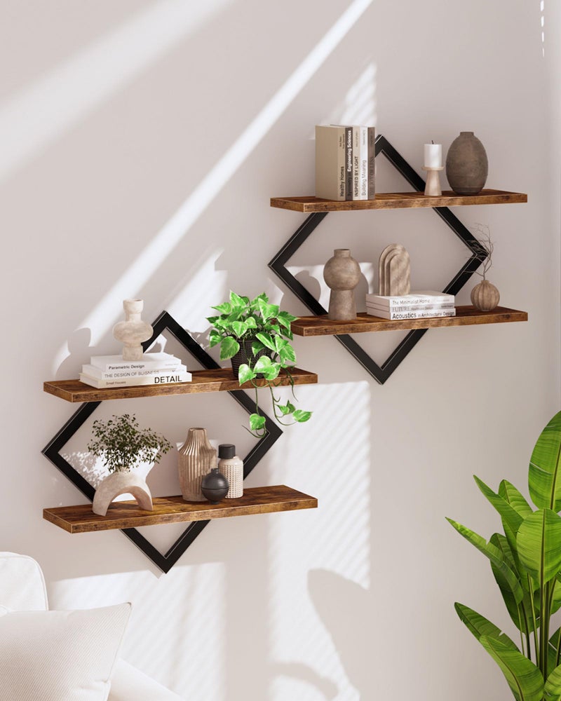 CHOEZON Floating Shelves, Set of 2 Wall Shelves, 2-Tier Hanging Shelves, Wall Shelf Set of 2, Wall Mounted Shelves, for Living Room, Bedroom, Kitchen, Office, Study, Rustic Brown TBJ01P2BF - Image 1
