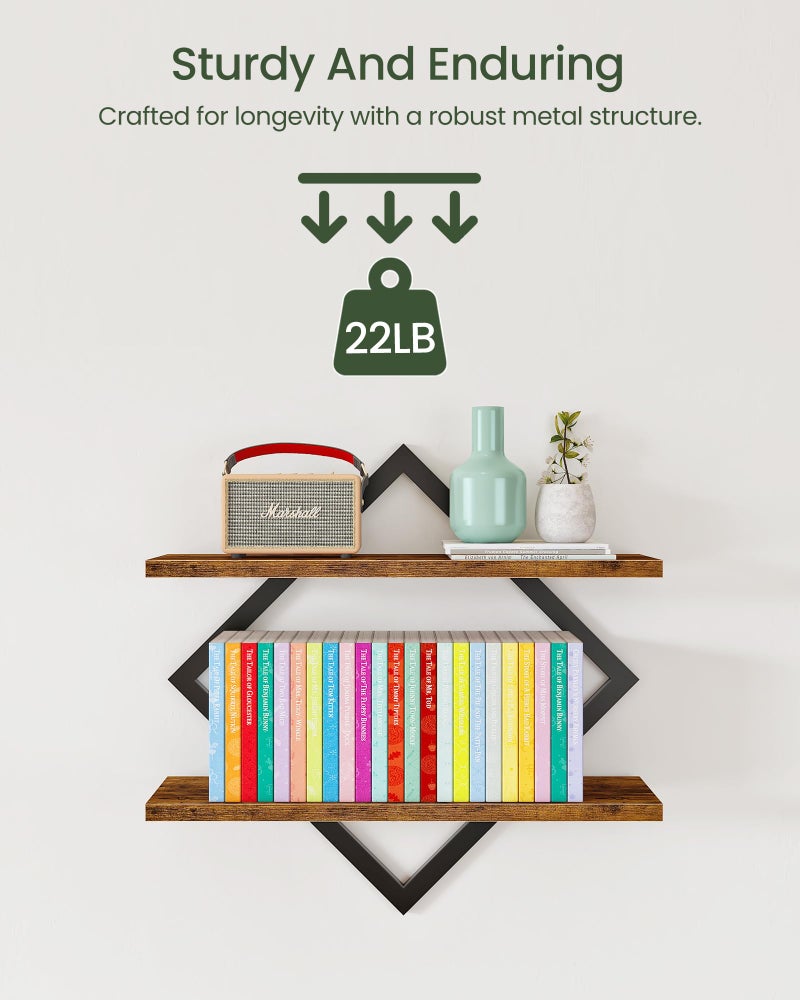 CHOEZON Floating Shelves, Set of 2 Wall Shelves, 2-Tier Hanging Shelves, Wall Shelf Set of 2, Wall Mounted Shelves, for Living Room, Bedroom, Kitchen, Office, Study, Rustic Brown TBJ01P2BF - Image 5