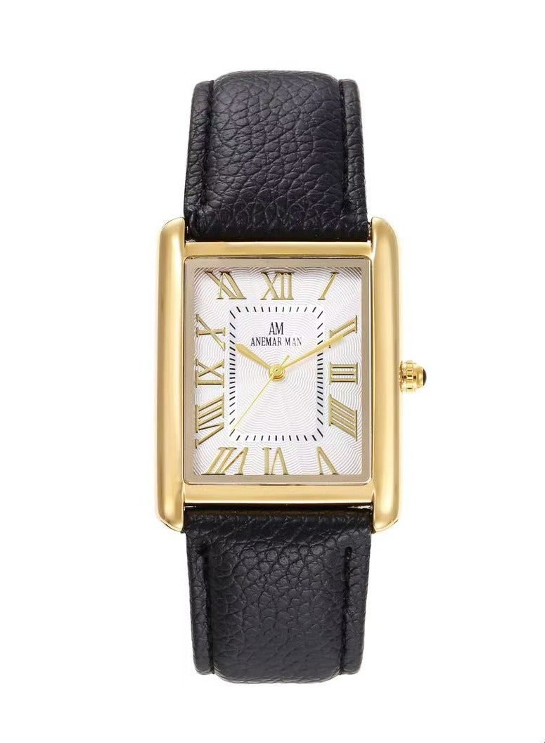 ANEMAR MAN Men's waterproof leather watch with high quality, black strap and white dial