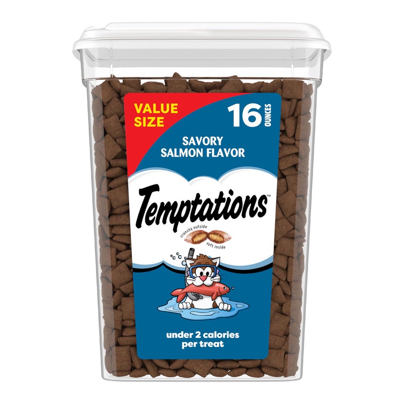 Temptations Cat Treats Classic Crunchy and Soft Cat Treats, Savory Salmon Flavor, 16 oz. Tub - Image 1