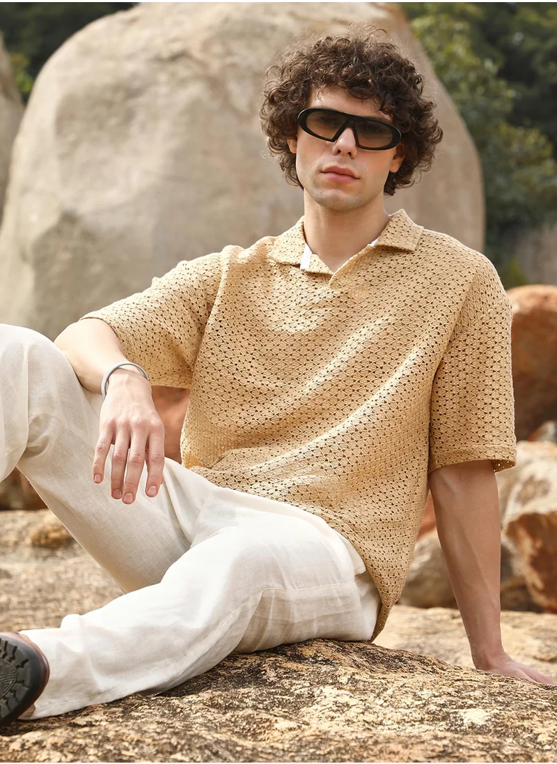 كامبوس سوترا Men's Buff Beige Lozenge Oversized Polo T-Shirt