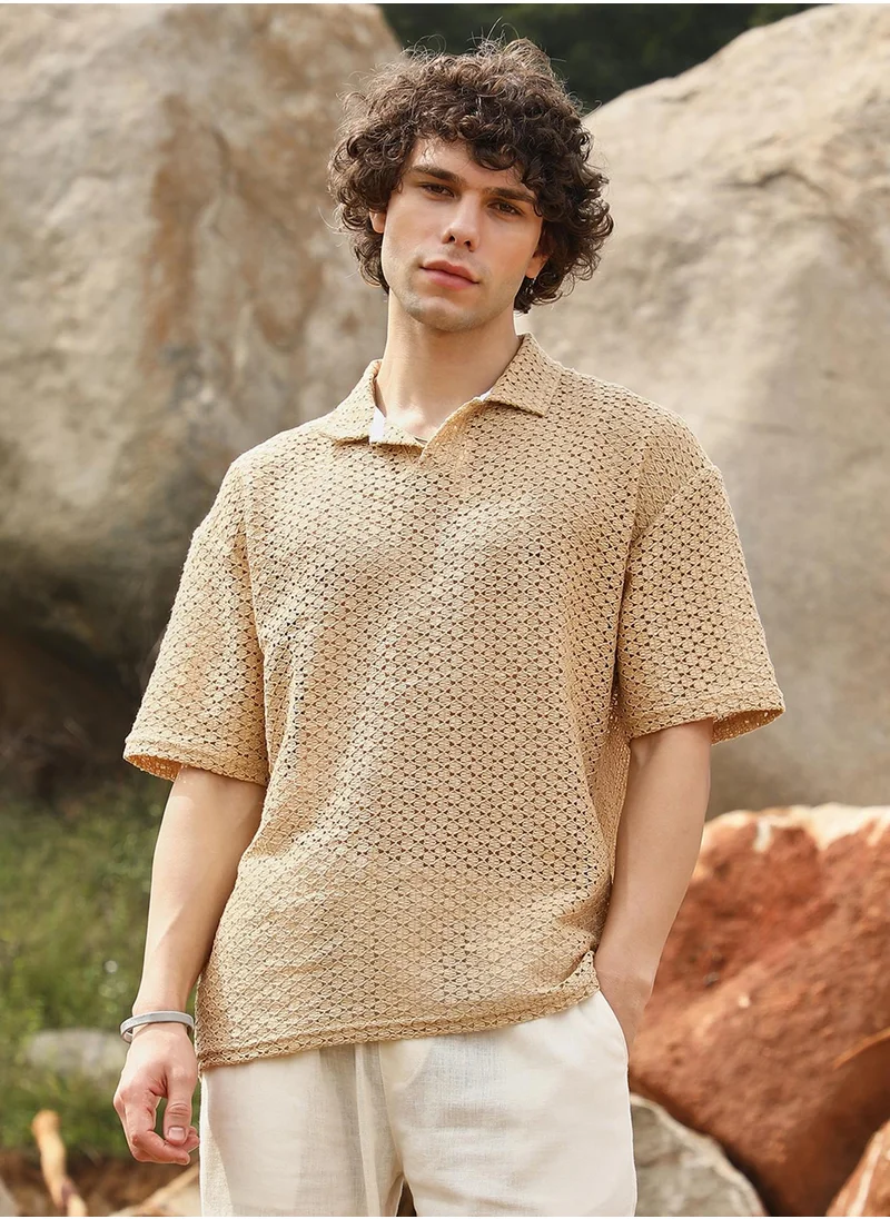 كامبوس سوترا Men's Buff Beige Lozenge Oversized Polo T-Shirt