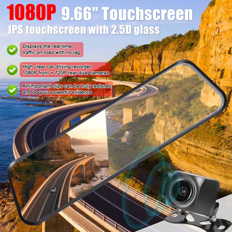 Dash Camera 9.66" Black Antiglare IPS Touchscreen Dual Cameras - 170° Wide Angle Lens Night Vision Car DVR for Car Driving Recording - Image 2