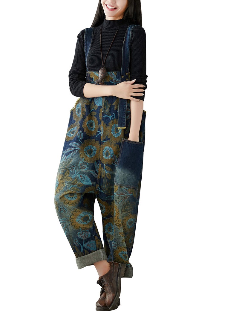 Yeokou Women's Loose Baggy Denim Wide Leg Drop Crotch Jumpsuit Rompers Overalls (One Size, Style 24 Blue) - Image 1
