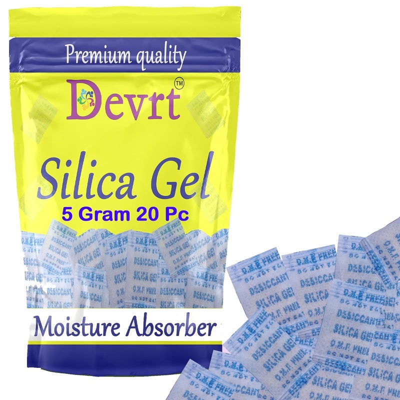 Devrt Devrt Silica Gel 5 Gram Pouch of 20 Packets Moisture absorbents Silica Gel Pouches for Room Kitchen Wardrobe Cupboard car Bedroom Camera Lenses Shoes  - Image 1