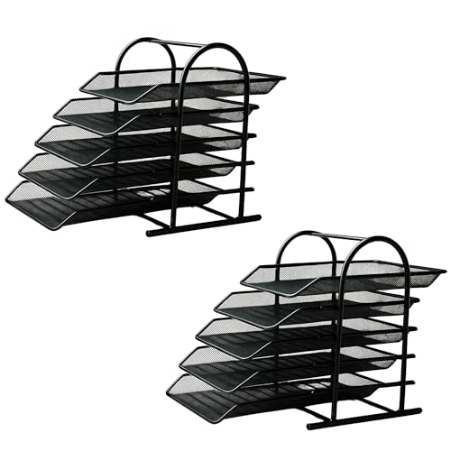 VeleSolv File Desk Organizer,Pack of 2 Metal Mesh 5 Tier File/Documents/Letters/A4 Size Files Rack with slidable compartments - Black - Image 1