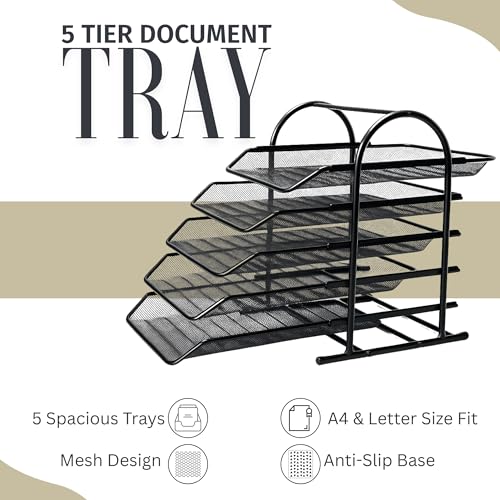 VeleSolv File Desk Organizer,Pack of 2 Metal Mesh 5 Tier File/Documents/Letters/A4 Size Files Rack with slidable compartments - Black - Image 3