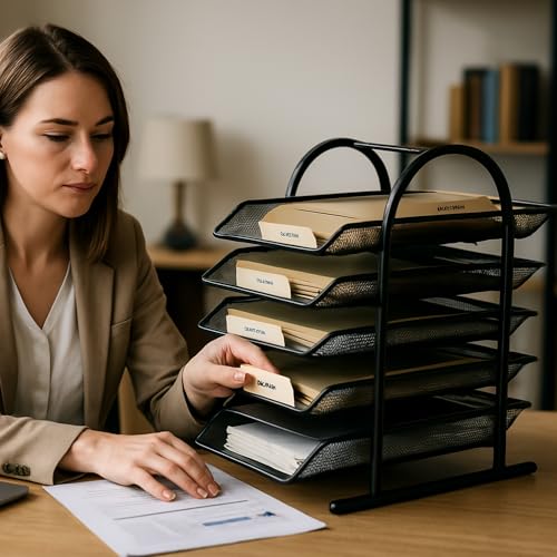 VeleSolv File Desk Organizer,Pack of 2 Metal Mesh 5 Tier File/Documents/Letters/A4 Size Files Rack with slidable compartments - Black - Image 4