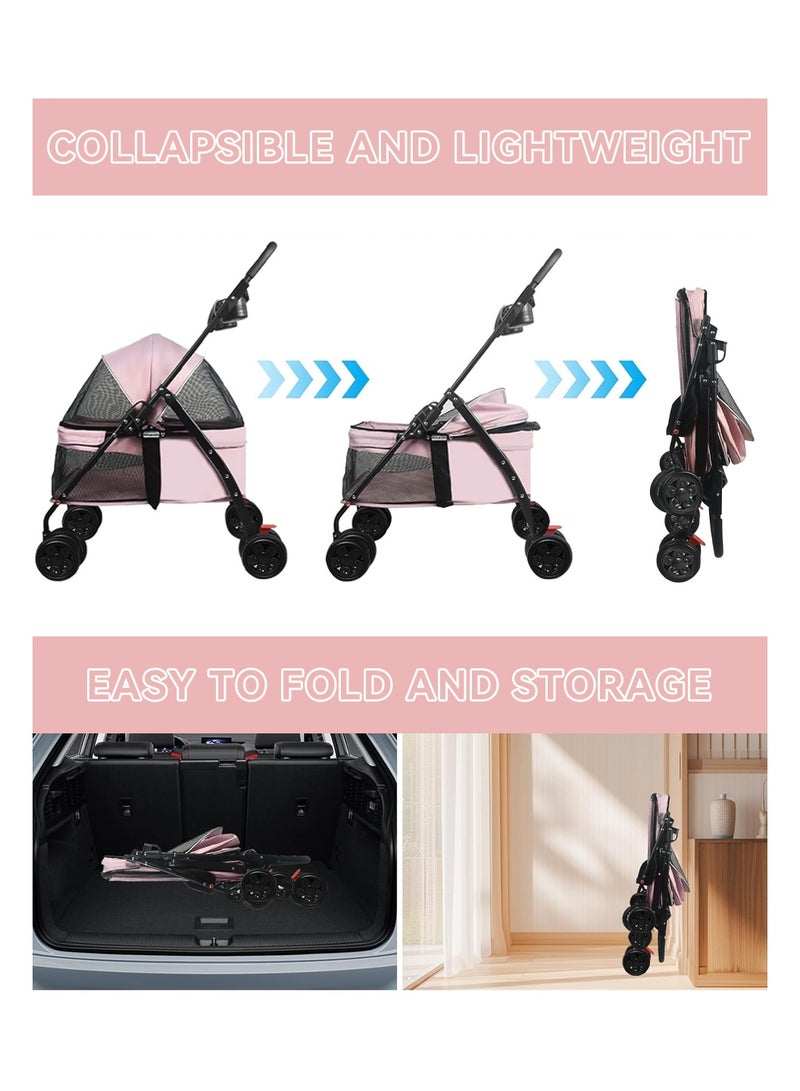 LEOKOR Pet Dog Stroller for Medium Dogs 20 lbs, Foldable Portable Dog Strollers with Storage Basket and Cup Holder, 4 Wheels Dog-Cart for Medium Small Cats and Dogs (Pink) - Image 3