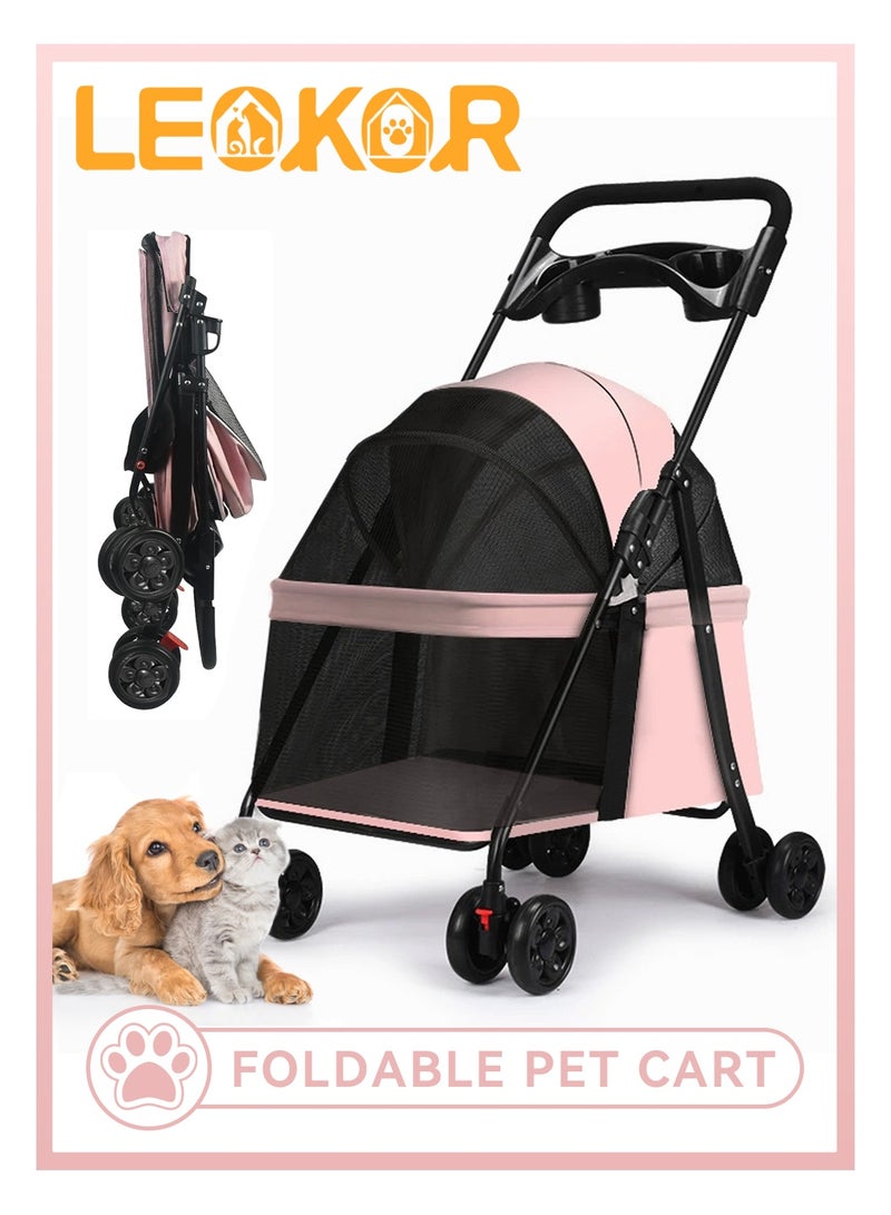 LEOKOR Pet Dog Stroller for Medium Dogs 20 lbs, Foldable Portable Dog Strollers with Storage Basket and Cup Holder, 4 Wheels Dog-Cart for Medium Small Cats and Dogs (Pink) - Image 1