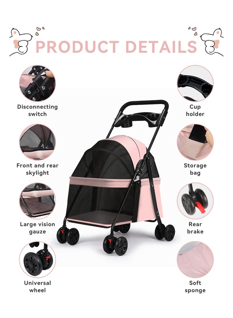 LEOKOR Pet Dog Stroller for Medium Dogs 20 lbs, Foldable Portable Dog Strollers with Storage Basket and Cup Holder, 4 Wheels Dog-Cart for Medium Small Cats and Dogs (Pink) - Image 2
