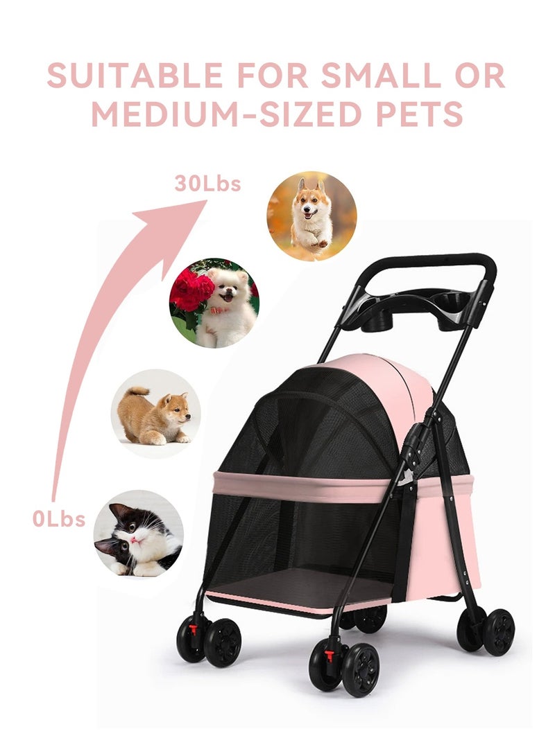 LEOKOR Pet Dog Stroller for Medium Dogs 20 lbs, Foldable Portable Dog Strollers with Storage Basket and Cup Holder, 4 Wheels Dog-Cart for Medium Small Cats and Dogs (Pink) - Image 4