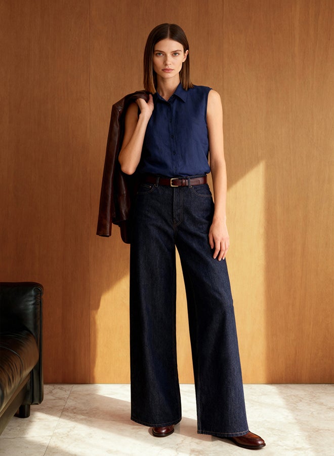 trendyol Navy Blue Zero Sleeve Linen Look Regular Regular Fit Woven Shirt - Image 1