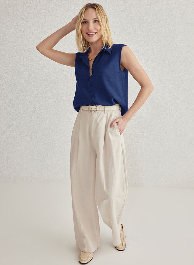 trendyol Navy Blue Zero Sleeve Linen Look Regular Regular Fit Woven Shirt - Image 4