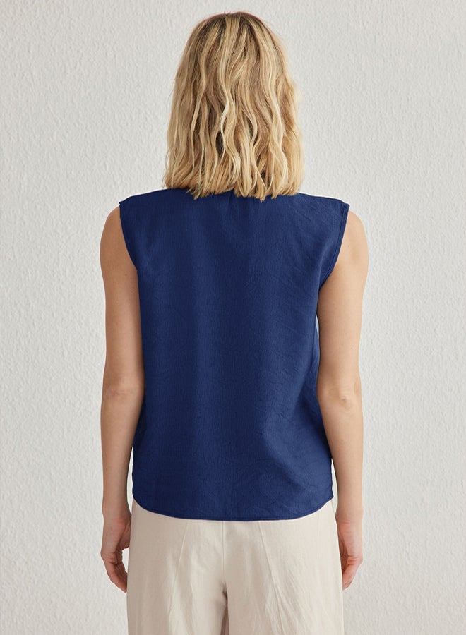 trendyol Navy Blue Zero Sleeve Linen Look Regular Regular Fit Woven Shirt - Image 5