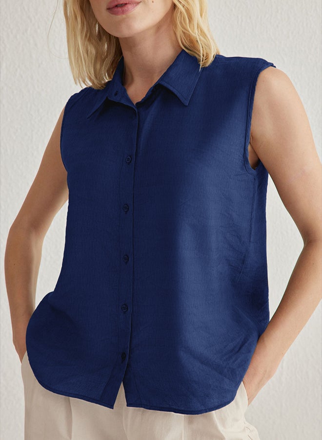 trendyol Navy Blue Zero Sleeve Linen Look Regular Regular Fit Woven Shirt - Image 3