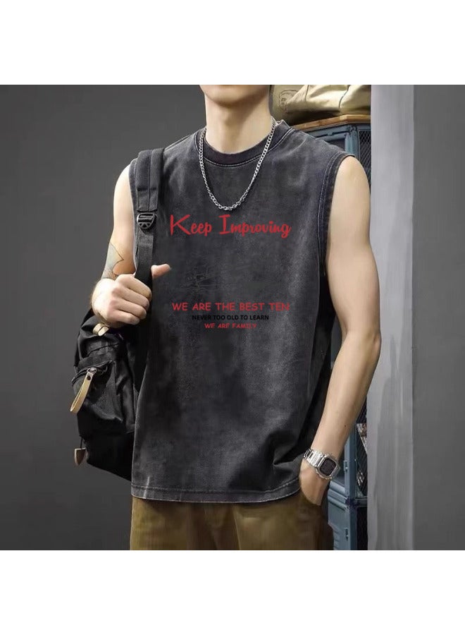 American High Street Retro Washed Distressed Sports Tank Top Trendy Brand Sleeveless Vest Loose Casual Fitness Short Sleeve