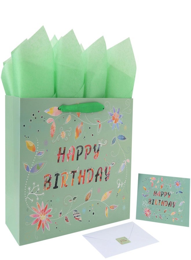 Qirrmiy 13” Large Happy Birthday Gift Bag Set with Handles, Greeting Card, Tissue Papers and Stickers for Women Girls, Green Floral Design, 1 Pcs - Image 1