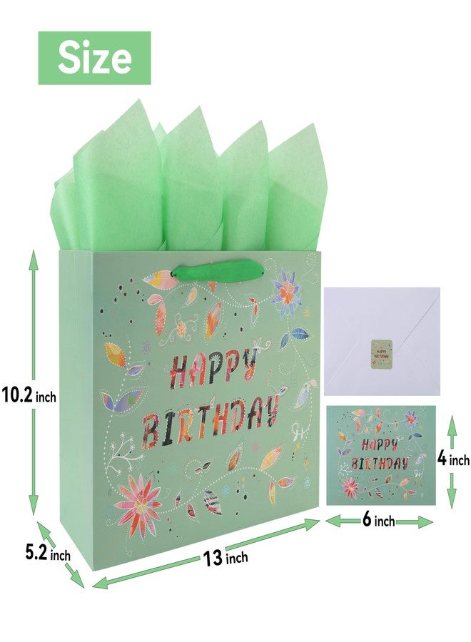 Qirrmiy 13” Large Happy Birthday Gift Bag Set with Handles, Greeting Card, Tissue Papers and Stickers for Women Girls, Green Floral Design, 1 Pcs - Image 2