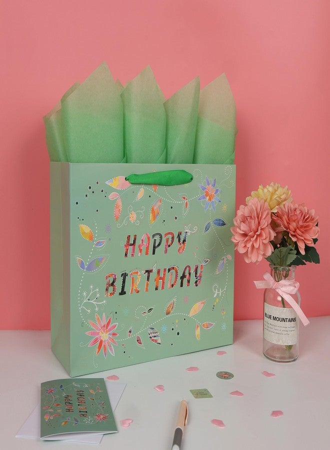 Qirrmiy 13” Large Happy Birthday Gift Bag Set with Handles, Greeting Card, Tissue Papers and Stickers for Women Girls, Green Floral Design, 1 Pcs - Image 5