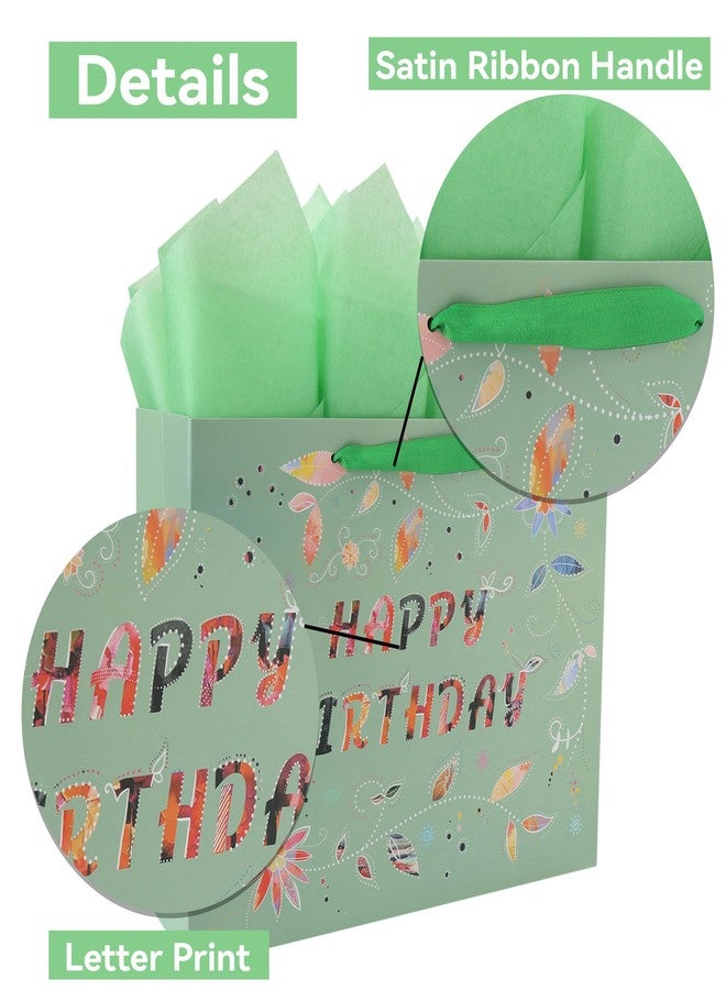 Qirrmiy 13” Large Happy Birthday Gift Bag Set with Handles, Greeting Card, Tissue Papers and Stickers for Women Girls, Green Floral Design, 1 Pcs - Image 4