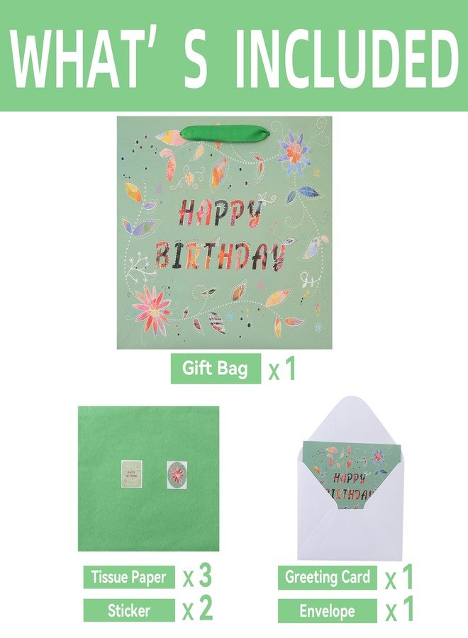 Qirrmiy 13” Large Happy Birthday Gift Bag Set with Handles, Greeting Card, Tissue Papers and Stickers for Women Girls, Green Floral Design, 1 Pcs - Image 3