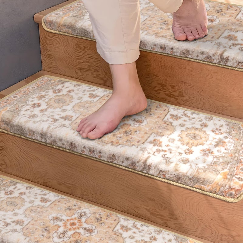 Brakki Bullnose Non-Slip Stair Treads for Wooden Steps, Carpet Stair Treads for Indoor Runner, Pet Friendly Soft Stair Rugs, Edging Stair Protectors Reusable, Washable, 30"x9.5"x1.5" 14pcs, Beige - Image 2