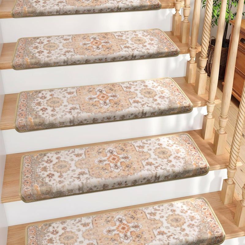 Brakki Bullnose Non-Slip Stair Treads for Wooden Steps, Carpet Stair Treads for Indoor Runner, Pet Friendly Soft Stair Rugs, Edging Stair Protectors Reusable, Washable, 30"x9.5"x1.5" 14pcs, Beige - Image 1