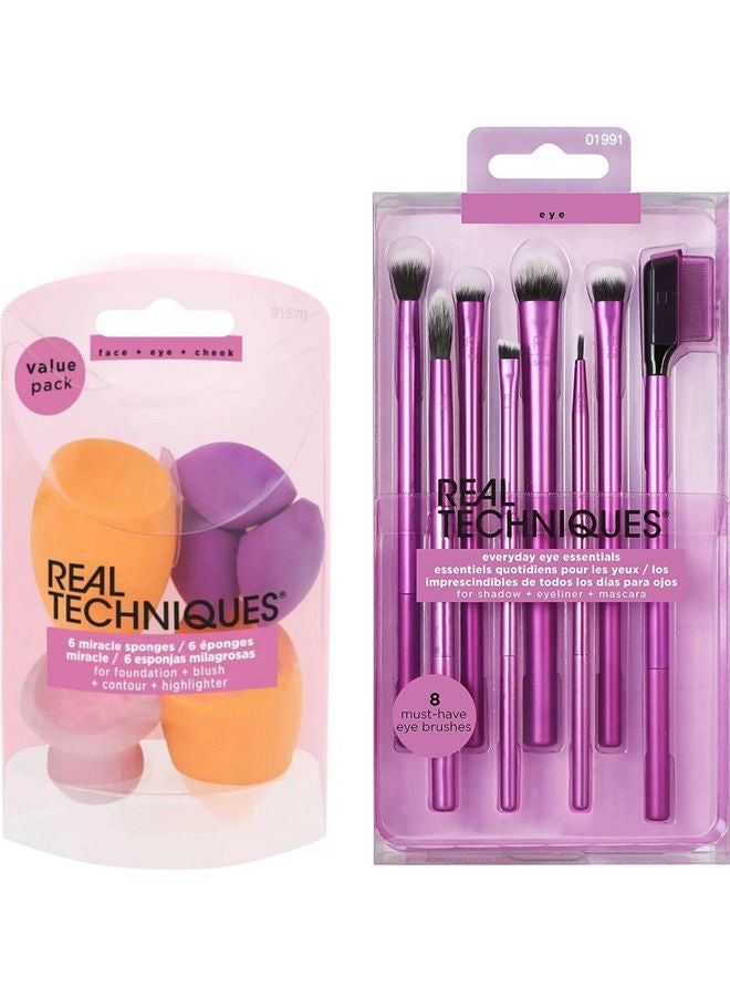 REAL TECHNIQUES 6 piece set Eyeshadow Brush Set, Makeup with Gel Eyeliner,Flat Eye and Eyelash Brushes with Miracle Complexion Sponges Multicolour - Image 1