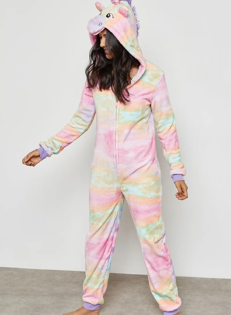 Lounge District Unicorn Hooded Rainbow Print Onesie