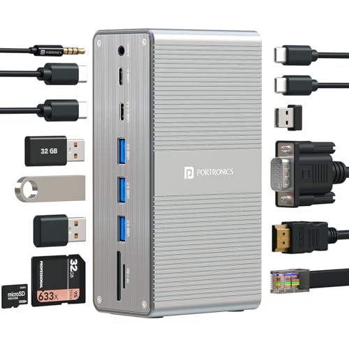 Portronics Mport Vault 13-in-1 USB-C Metal Docking Station, 100W PD Charging, 4K@30Hz HDMI, 1080P VGA, 4× USB 3.0, Gigabit Ethernet, SD/microSD 3.0, USB-C 3.0 & 2.0, 3.5mm Aux, for Windows & macOS - Image 1