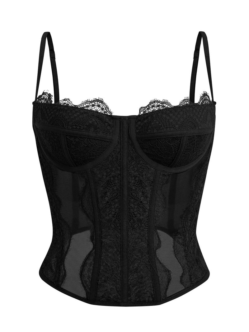 Dealmore Corset Tops For Women Going Out Lace Mesh Date Night Fall Fashion Outfits Clothes Crop Cute Party Strap Tank Black X-Large - Image 1