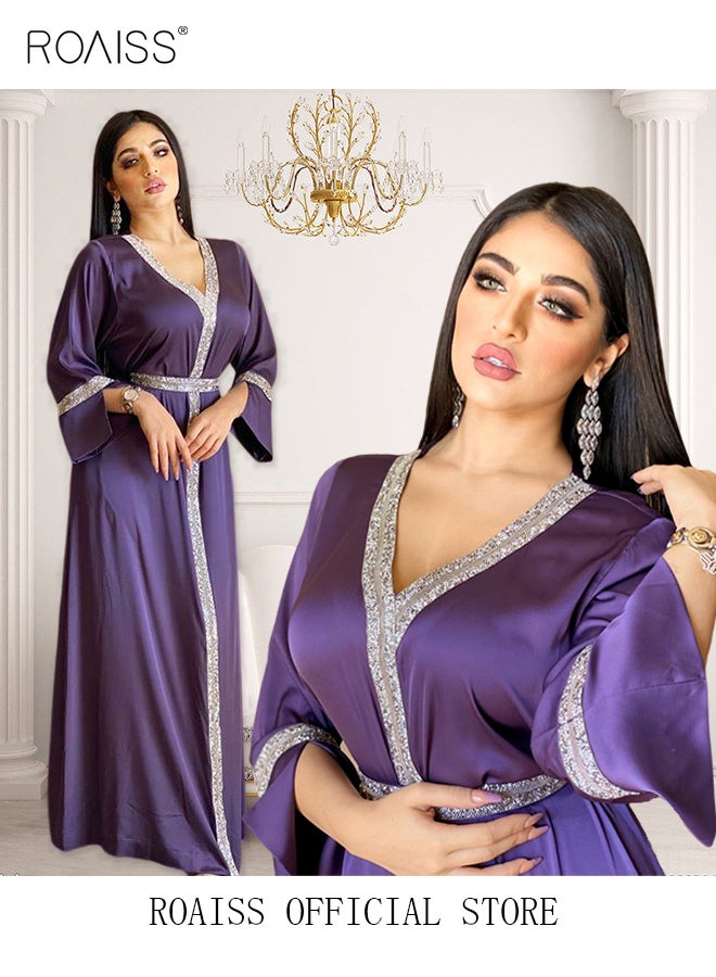 roaiss Women Luxury V-neck Rhinestone Robe Maxi Dresses Exclusive Styles Modern Stylish Abaya Middle East Arabic Banquet Wedding Party Dress Women's Festival Clothing Purple - Image 1