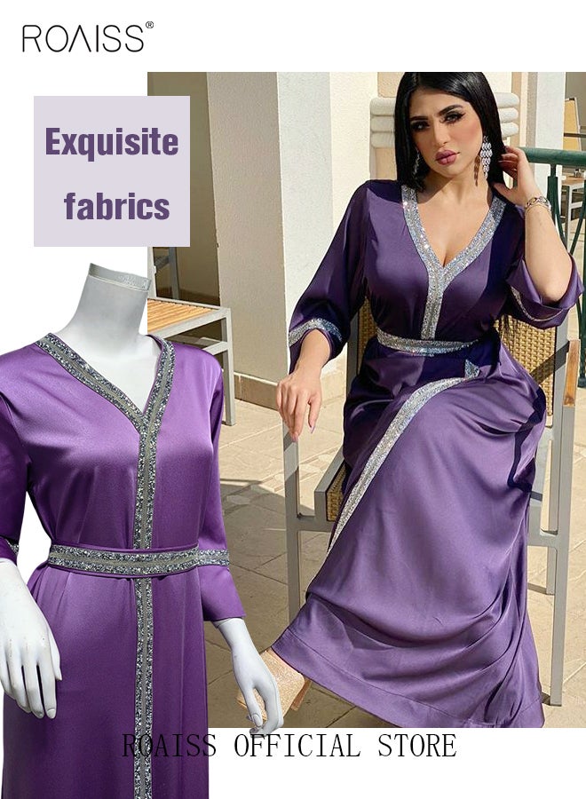 roaiss Women Luxury V-neck Rhinestone Robe Maxi Dresses Exclusive Styles Modern Stylish Abaya Middle East Arabic Banquet Wedding Party Dress Women's Festival Clothing Purple - Image 4