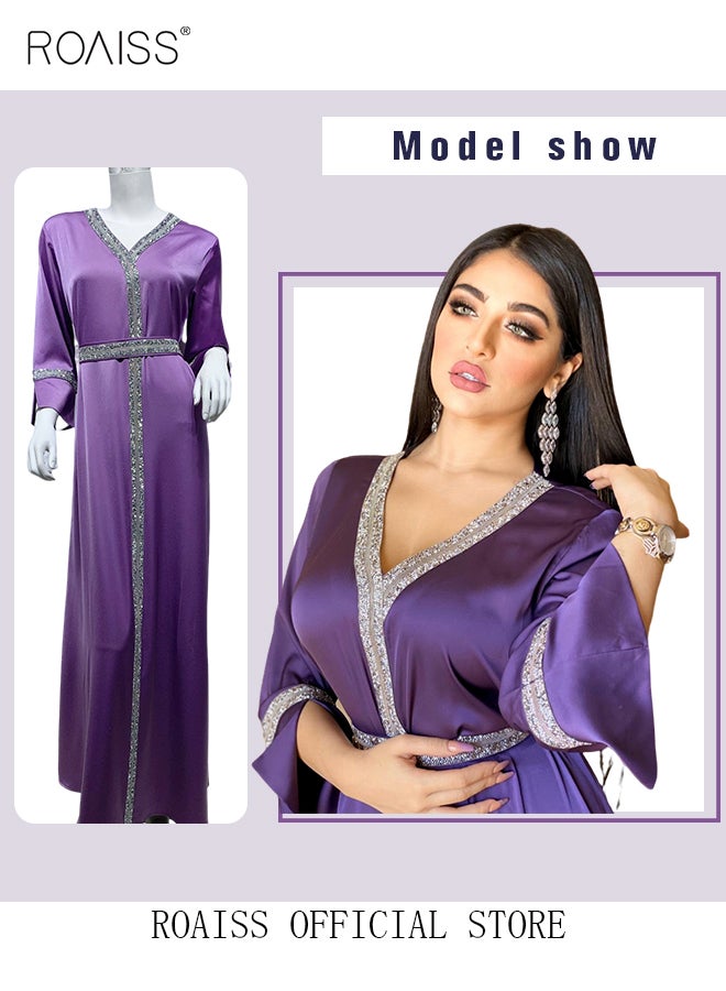 roaiss Women Luxury V-neck Rhinestone Robe Maxi Dresses Exclusive Styles Modern Stylish Abaya Middle East Arabic Banquet Wedding Party Dress Women's Festival Clothing Purple - Image 3