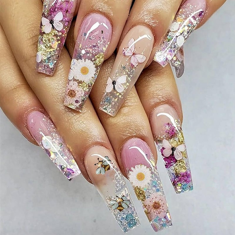 AIPULIDUO 300Pcs 3D Flower Nail Art Charms Sequins Decals Colorful Mixed Flowers Leaves Butterfly Design Slice Nail Flowers Ultra Wood Pulp Flakes Sequins - Image 3