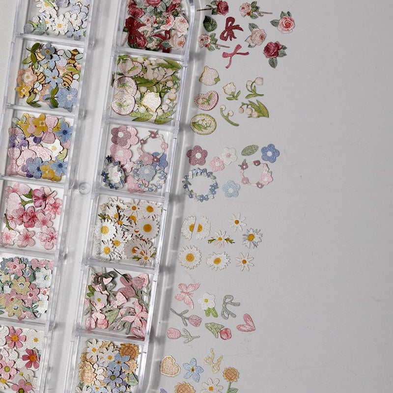 AIPULIDUO 300Pcs 3D Flower Nail Art Charms Sequins Decals Colorful Mixed Flowers Leaves Butterfly Design Slice Nail Flowers Ultra Wood Pulp Flakes Sequins - Image 5